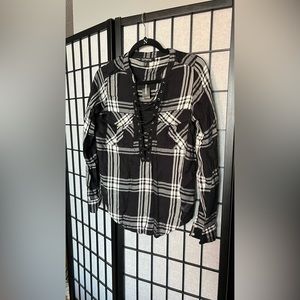 Express Cross Drawstring Plaid Top